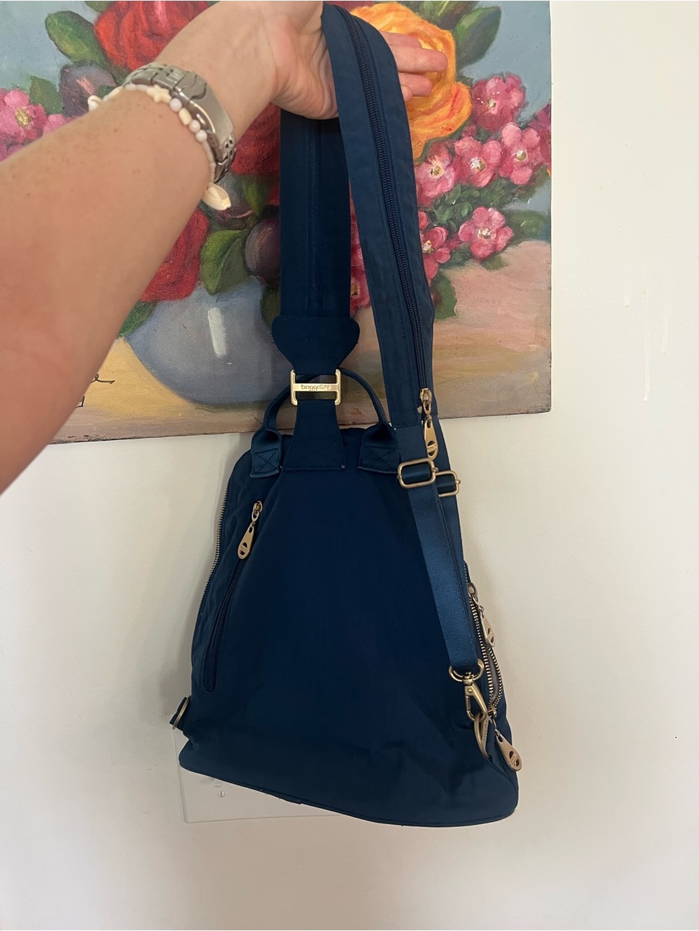 Baggallini Navy Convertible Backpack with Gold Turn-Lock - Picture 4 of 11